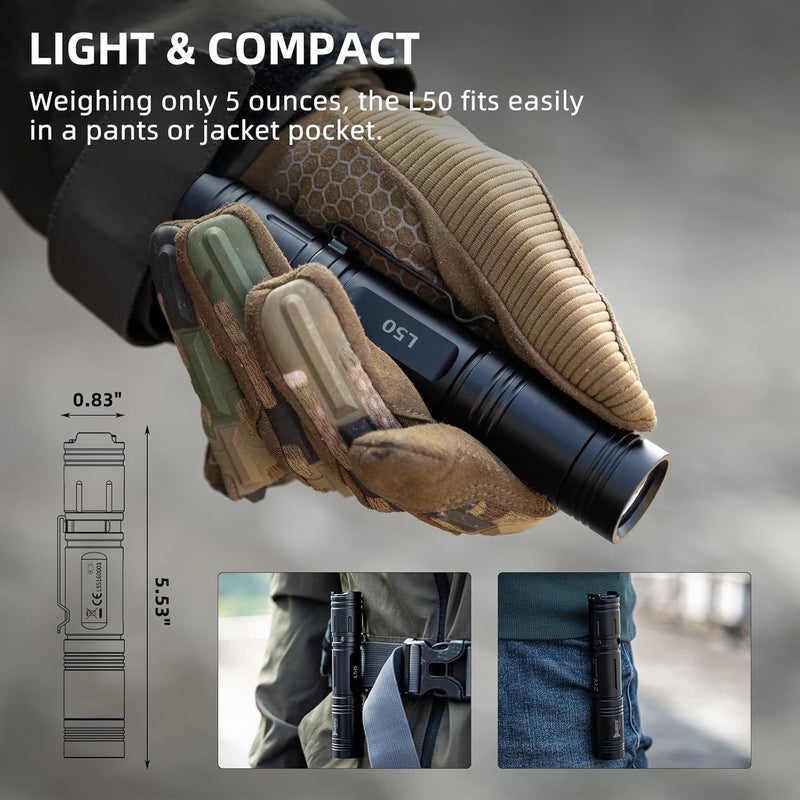 WUBEN مصباح يدوي قابل لإعادة الشحن WUBEN L50 – 1200 لومن، مصباح LED تكتيكي، 5 أوضاع، مقاوم للماء IP68، ضوء محمول للاستخدام في التخييم، الطوارئ، المشي لمسافات طويلة والاستخدام المنزلي - Image 3